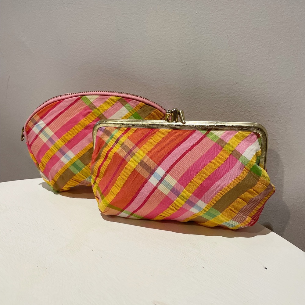 Vintage 60s Celebrity Pink Plaid Kiss Lock Coin and Makeup Purse Set